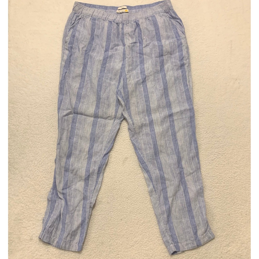 C&C California 100% Linen Pants Womens 35x29 Elastic Waist Nautical Coastal Blue